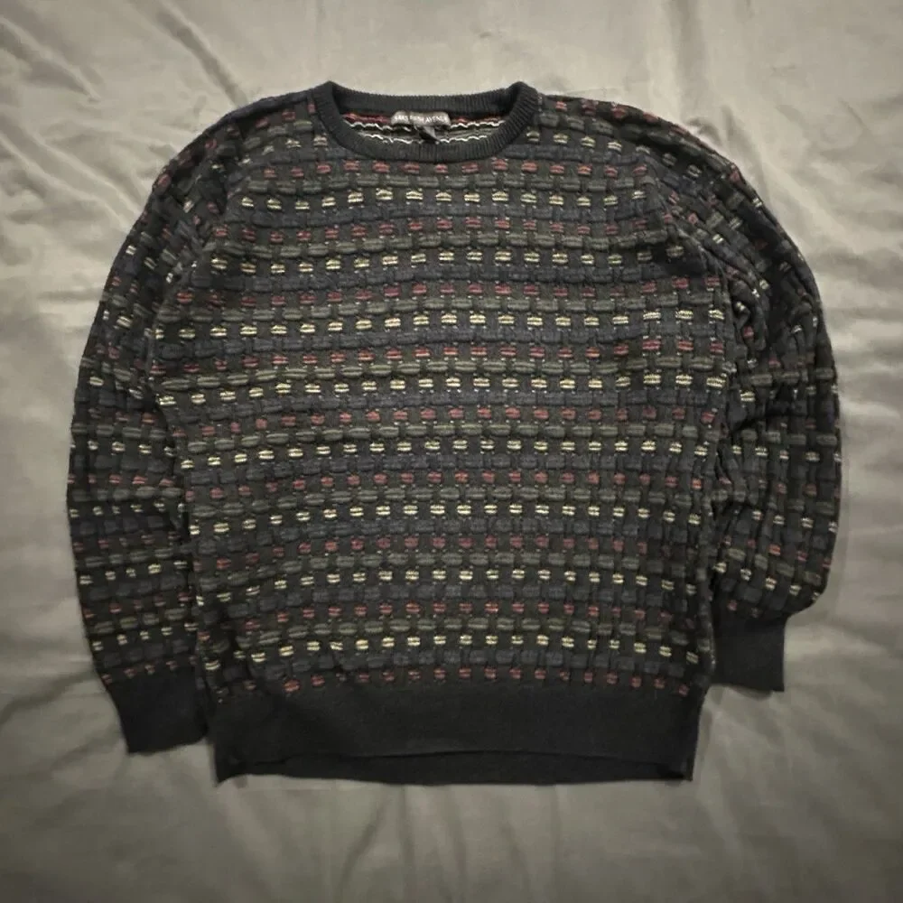 Vintage 90s Saks Fifth Ave Sweater Knit Geometric Texture Grandpa Mens L Navy